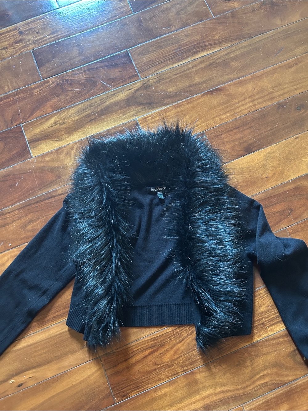 le chateau Black Faux-Fur Trim Cropped Ladies Sweater